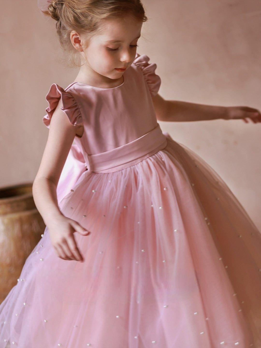 Charming Blush Pink Flower Girl Dress with Pearl Accents and Bow Detail – Plus Size - WonderlandByLilian