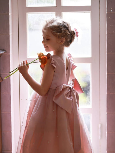 Charming Blush Pink Flower Girl Dress with Pearl Accents and Bow Detail – Plus Size - WonderlandByLilian