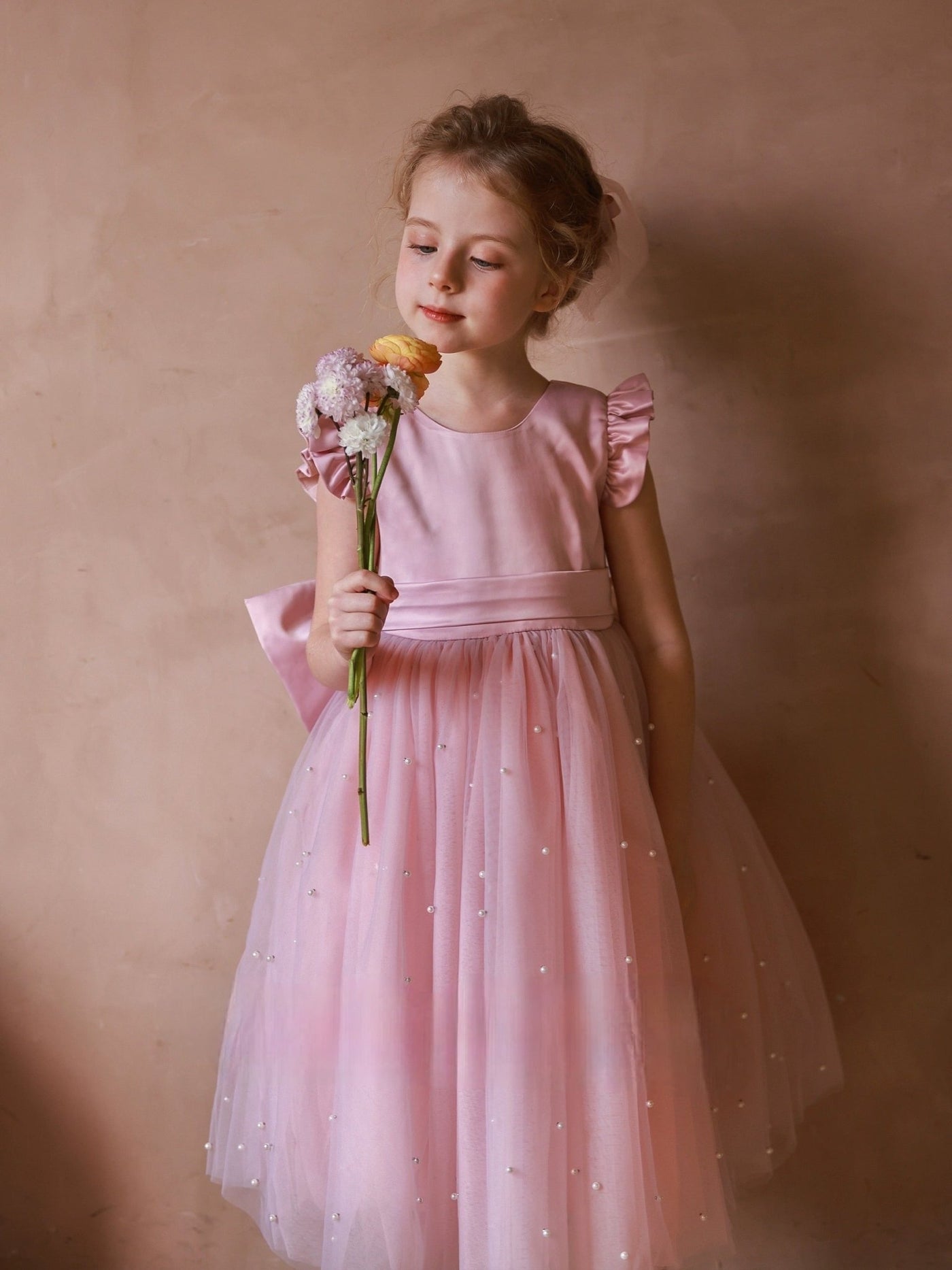 Charming Blush Pink Flower Girl Dress with Pearl Accents and Bow Detail – Plus Size - WonderlandByLilian