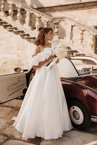 Charming Off-Shoulder Satin A-Line Wedding Dress with Ruffled Detail Plus Size - BIANCA - WonderlandByLilian