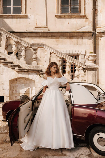 Charming Off-Shoulder Satin A-Line Wedding Dress with Ruffled Detail Plus Size - BIANCA - WonderlandByLilian