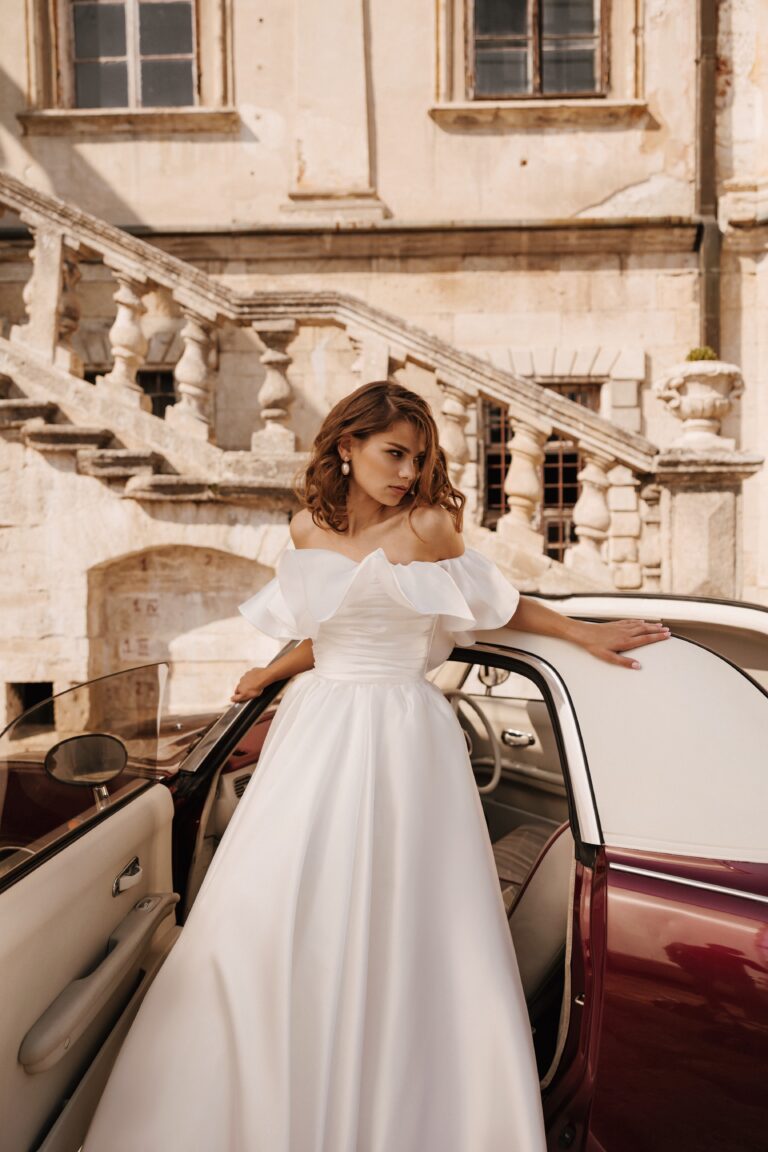 Charming Off-Shoulder Satin A-Line Wedding Dress with Ruffled Detail Plus Size - BIANCA - WonderlandByLilian