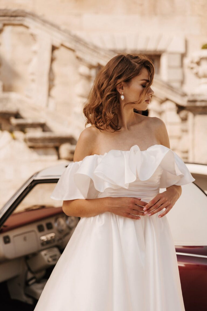 Charming Off-Shoulder Satin A-Line Wedding Dress with Ruffled Detail Plus Size - BIANCA - WonderlandByLilian