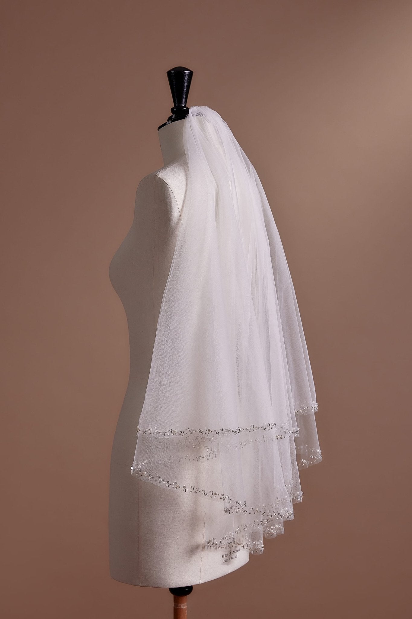 Charming Short Wedding Veil with Delicate Sequin Details and Elegant Lace Trim - WonderlandByLilian