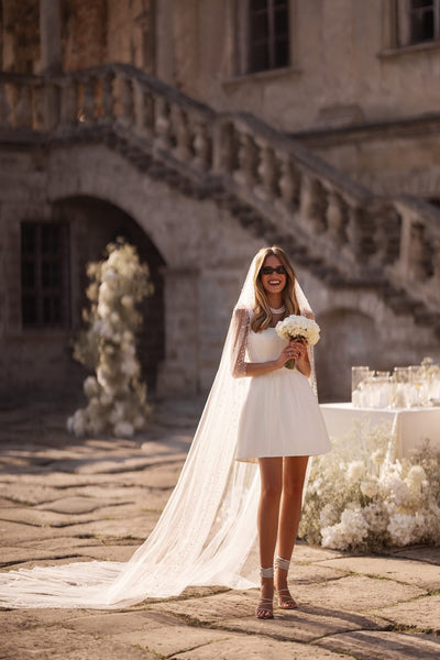 Chic Ivory Short Wedding Dress with Lace Sleeves and Detachable Train Plus Size - WonderlandByLilian