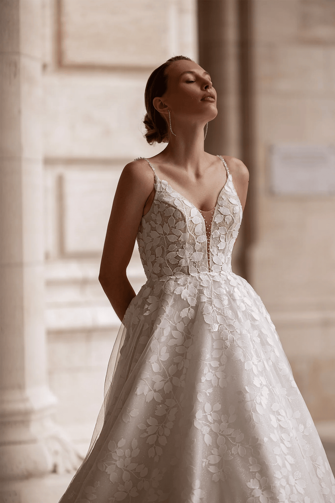 Chiffon Dress for Wedding - Spaghetti Straps Wedding Gown – Leaf Lace V - Neck Bridal Gown with Sparkling Accents Plus Size - WonderlandByLilian