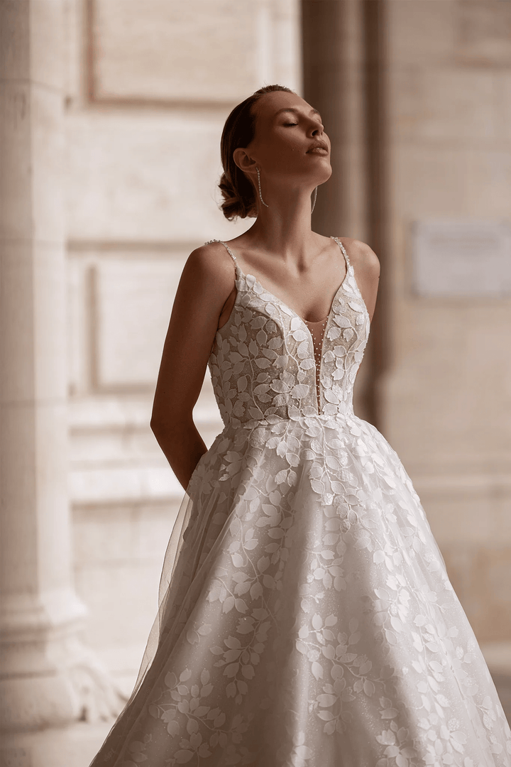 Chiffon Dress for Wedding - Spaghetti Straps Wedding Gown – Leaf Lace V - Neck Bridal Gown with Sparkling Accents Plus Size - WonderlandByLilian