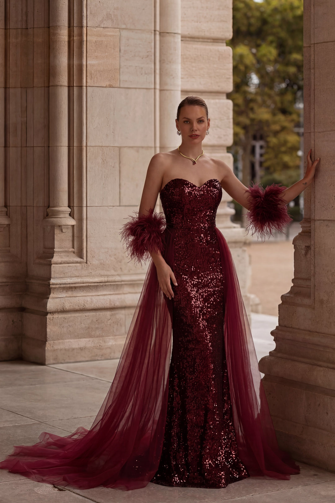 Gothic Burgundy Sequin Evening Dress with Feathered Sleeves - Gothic R WonderlandByLilian Gothic Burgundy Sequin Evening Dress with Feathered Sleeves - Gothic R WonderlandByLilian