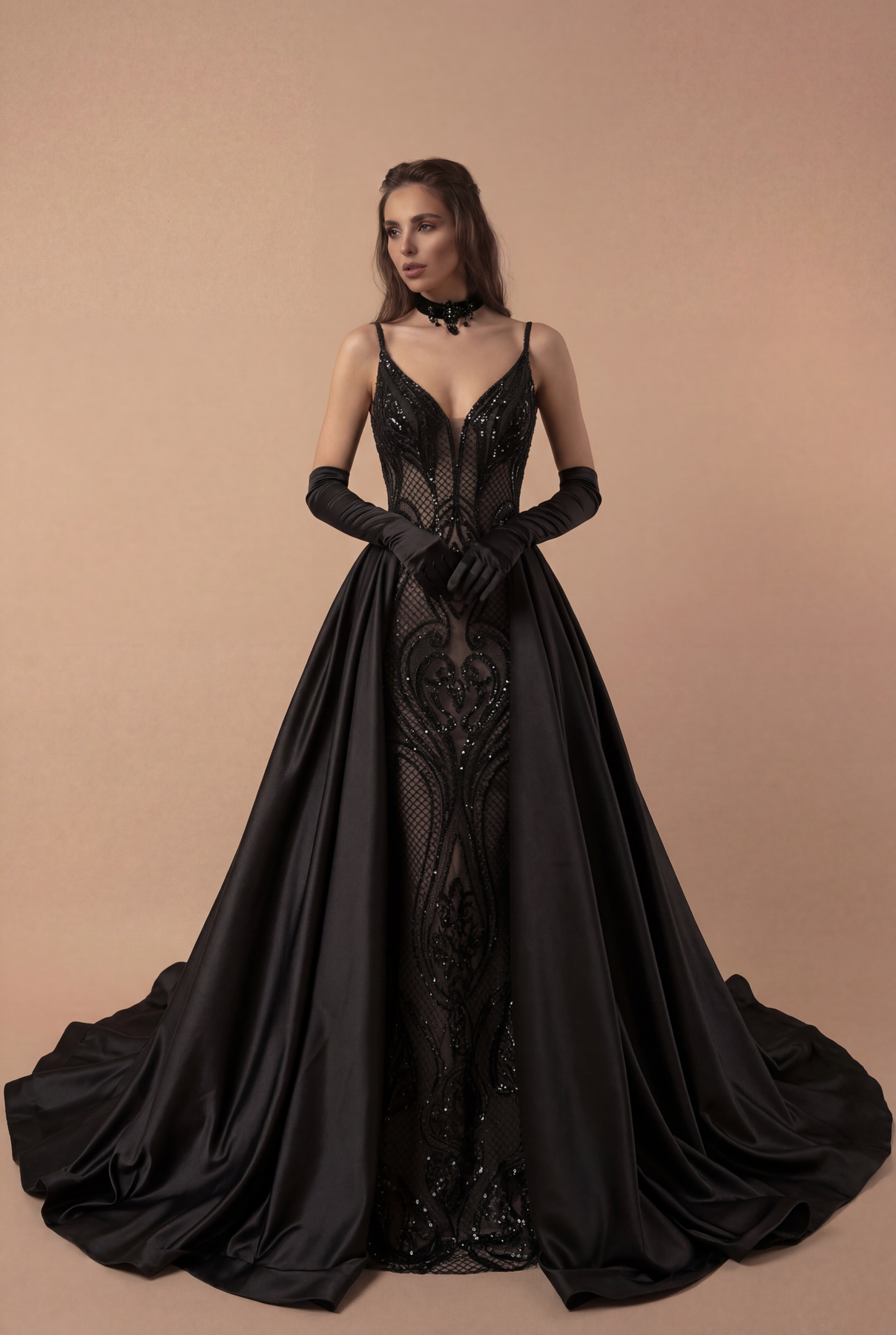 Gothic Black Sequin and Satin Evening Gown