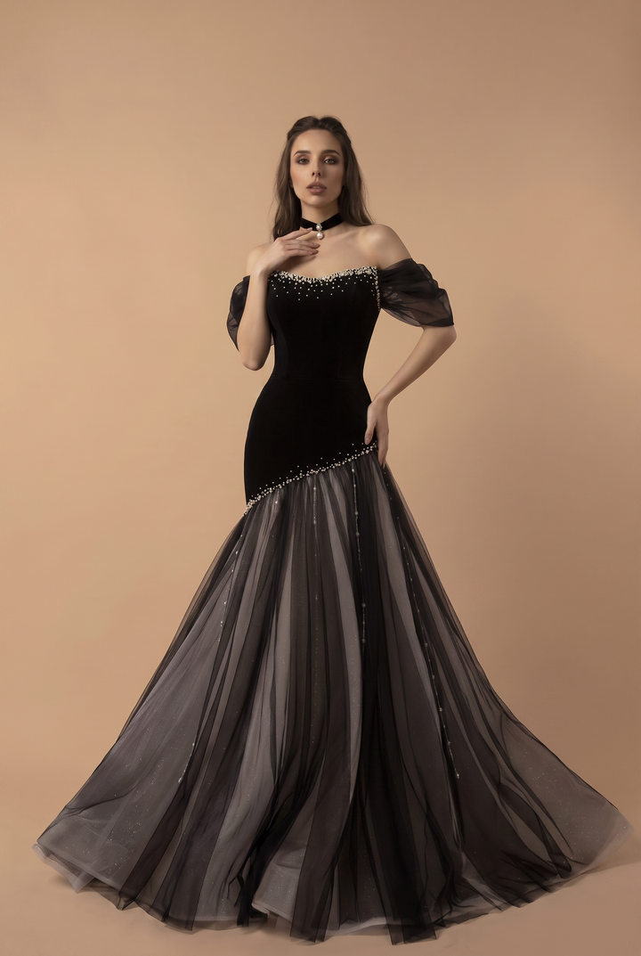 Gothic Black Velvet Ball Gown with Pearl Embellishment - Off the Shoulder Tulle Evening Dress with Corset Back - Elegant Black Formal Dress Plus Size