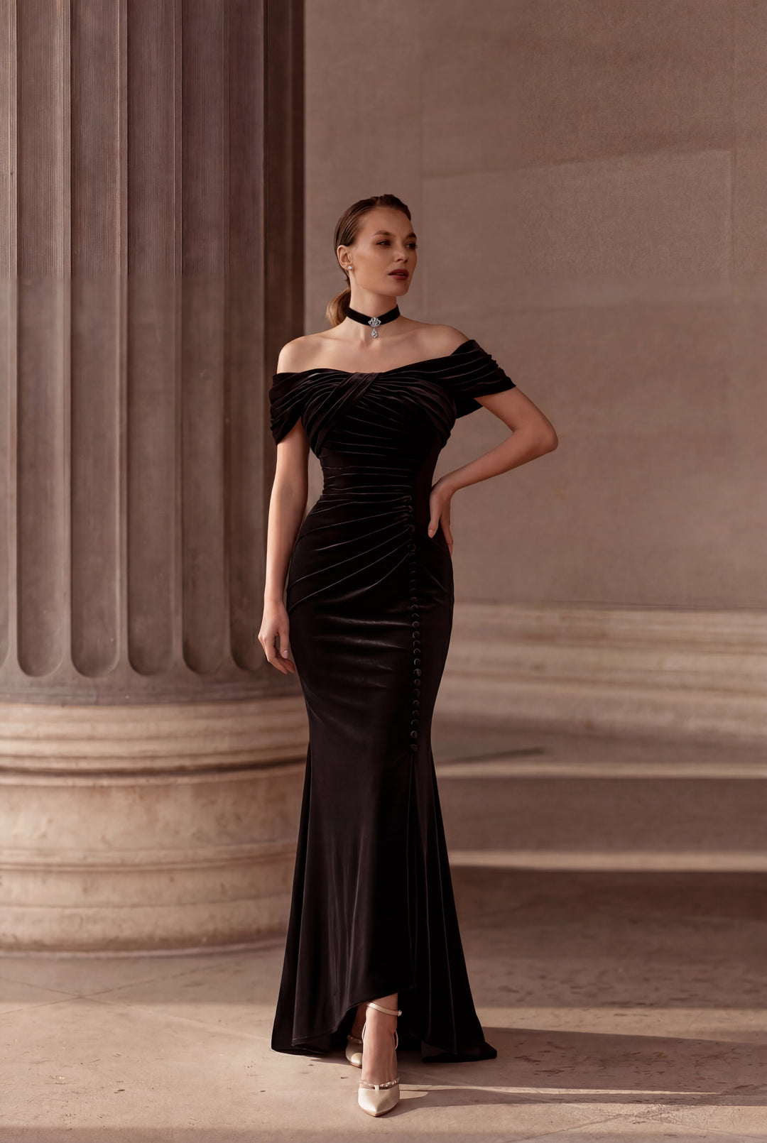 Elegant Gothic Black Velvet Evening Gown - Off-Shoulder Ruched Evening Dress with Corset Plus Size