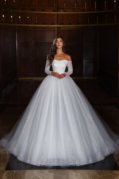 Classic Elegance Off-Shoulder Ball Gown Wedding Dress with Lace Detailing Plus Size - WonderlandByLilian