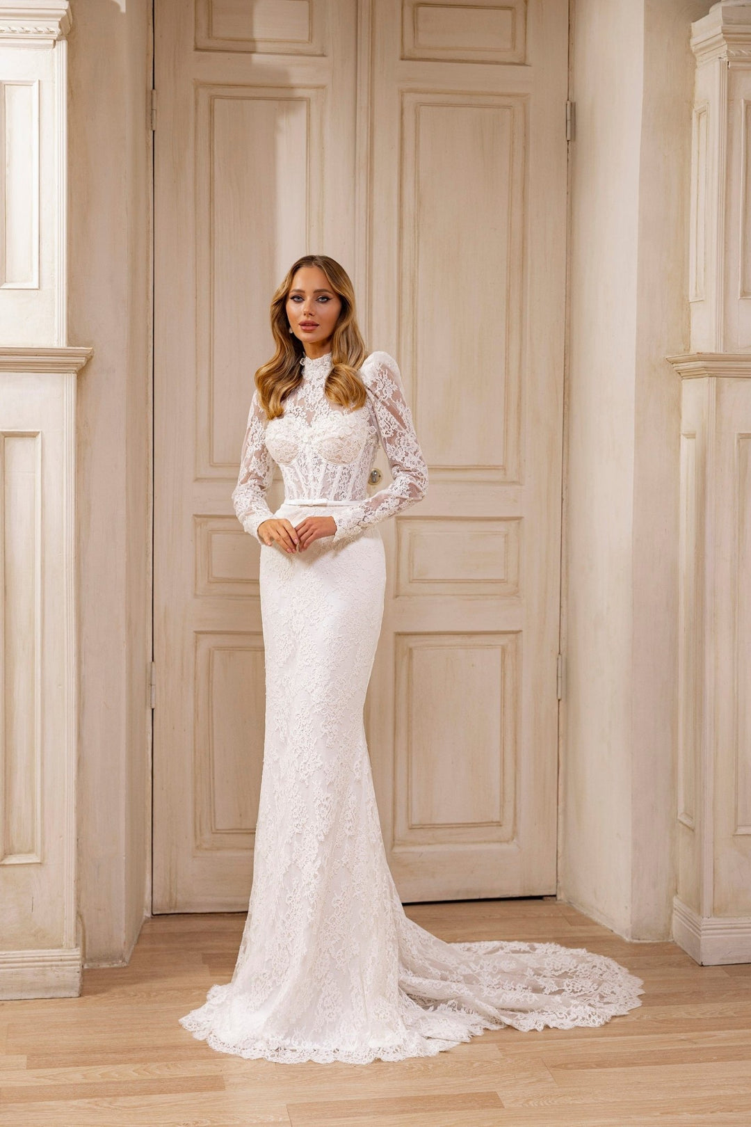 Classic High-Neck Lace Mermaid Wedding Dress with Long Sleeve nand Elegant Train - WonderlandByLilian