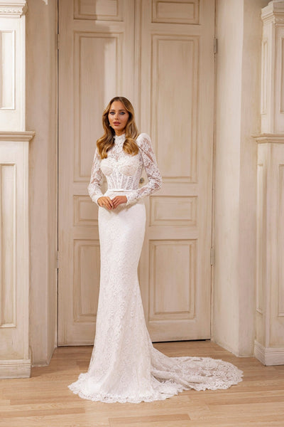 Classic High-Neck Lace Mermaid Wedding Dress with Long Sleeve nand Ele –  WonderlandByLilian