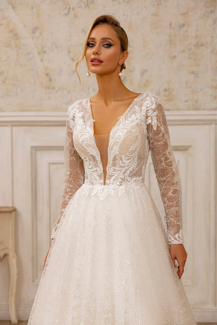 Classic Lace Long-Sleeve Wedding Dress | Deep V-Neck Bridal Gown with Sparkling Train - WonderlandByLilian