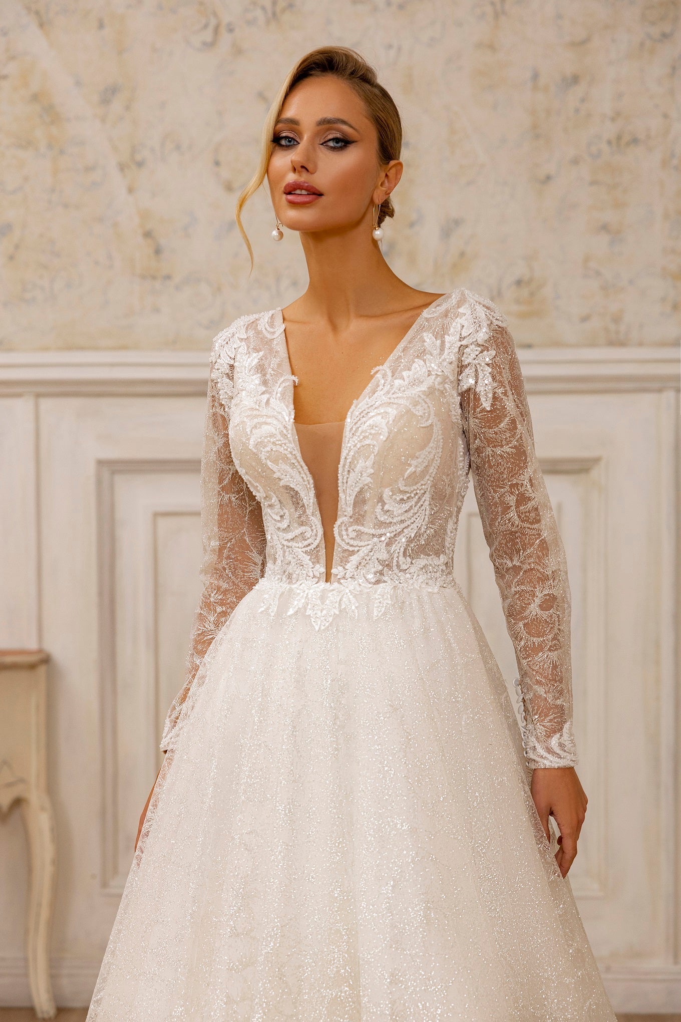 Classic Lace Long-Sleeve Wedding Dress | Deep V-Neck Bridal Gown with Classic Lace Long-Sleeve Wedding Dress | Deep V-Neck Bridal Gown with