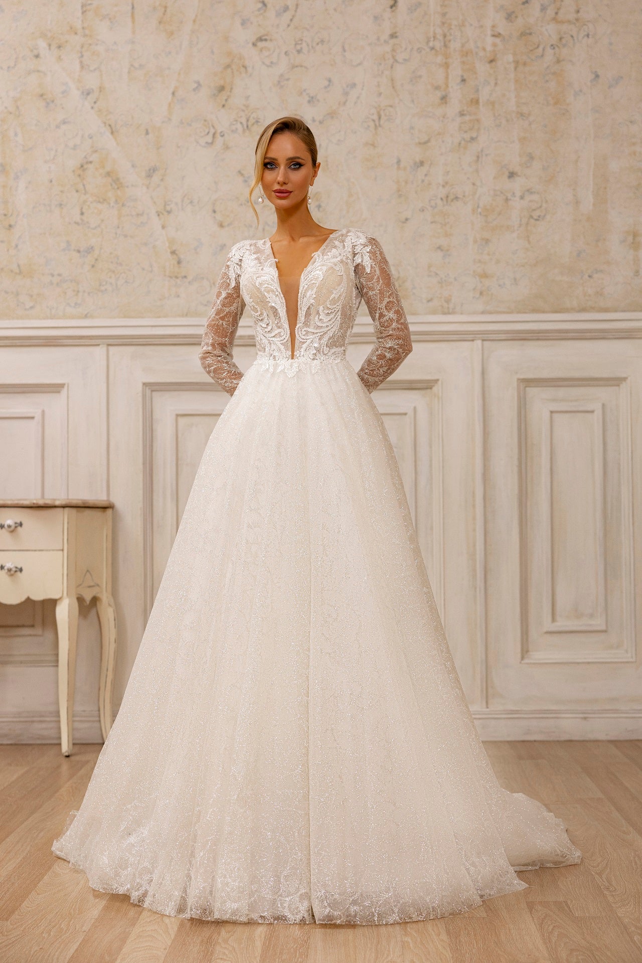 Classic Lace Long-Sleeve Wedding Dress | Deep V-Neck Bridal Gown with Sparkling Train - WonderlandByLilian