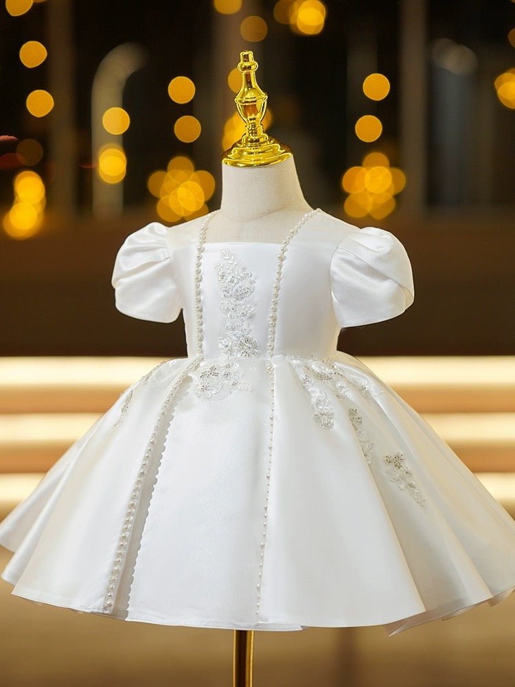 Classic White Satin Flower Girl Dress with Pearlescent Accents – Plus Size - WonderlandByLilian