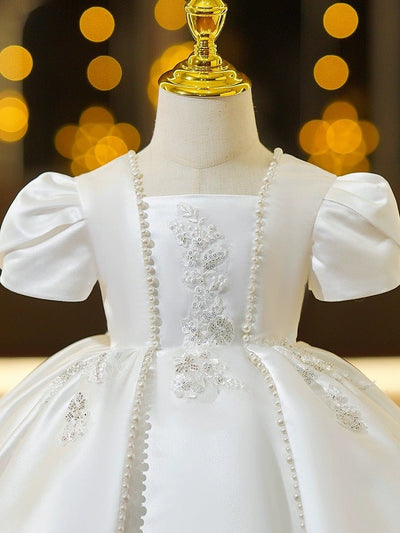 Classic White Satin Flower Girl Dress with Pearlescent Accents – Plus Size - WonderlandByLilian