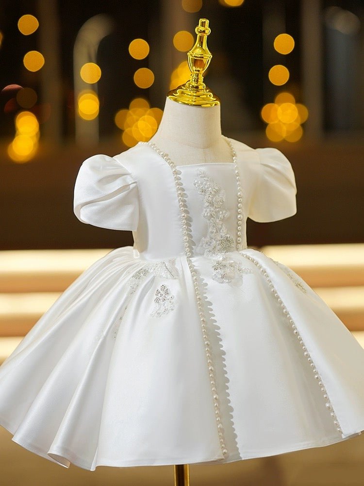 Classic White Satin Flower Girl Dress with Pearlescent Accents – Plus Size - WonderlandByLilian