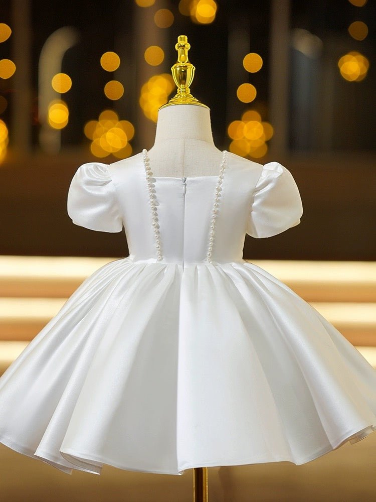 Classic White Satin Flower Girl Dress with Pearlescent Accents – Plus Size - WonderlandByLilian