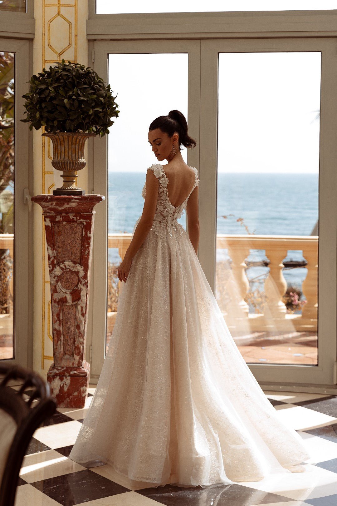 White Plunge Neck Open-Back Wedding Dress with Floral Lace and Sheer Details - Plus Size-Claudia Size 24W White Plunge Neck Open-Back Wedding Dress with Floral Lace and Sheer Details - Plus Size-Claudia Size 24W