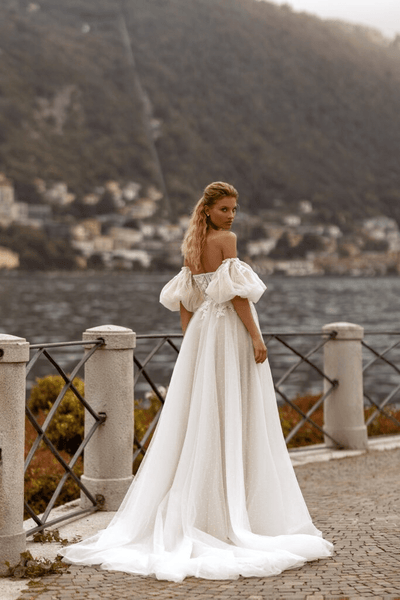 Convertible Wedding Dress - Floral Lace wedding Dress - Off Shoulder Wedding Dress with HIgh Slit Plus Size - WonderlandByLilian