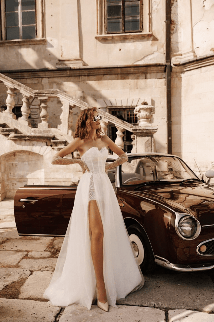 Convertible Wedding Dress - Lace Corset Back Wedding Dress - Mini Elopement Dress with Tulle Plus Size