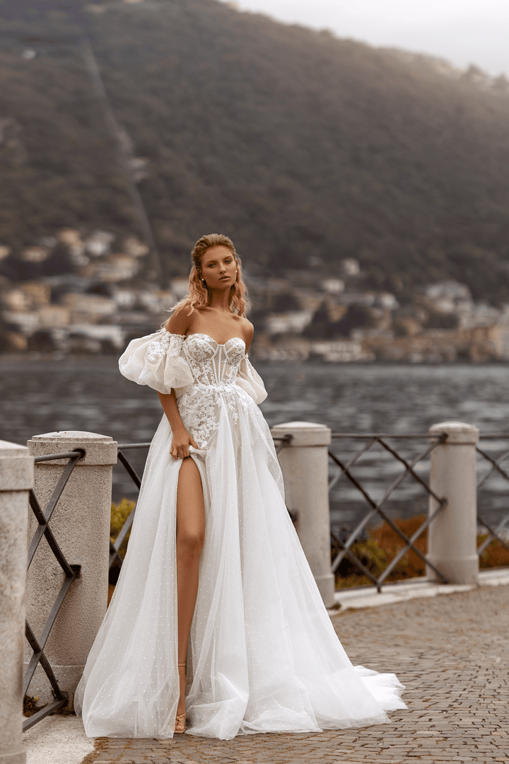 Convertible Wedding Dress - Floral Lace wedding Dress - Off Shoulder Wedding Dress with HIgh Slit Plus Size - WonderlandByLilian