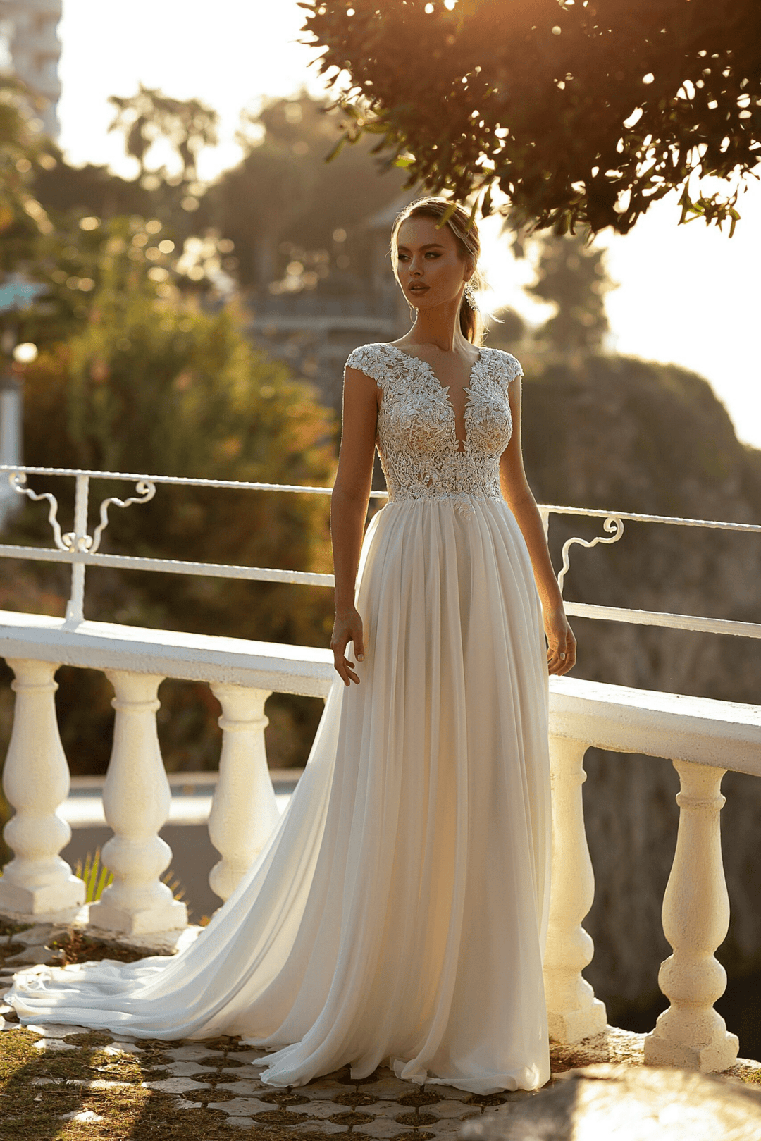 V Neck Lace Wedding Gown with Cap Sleeves