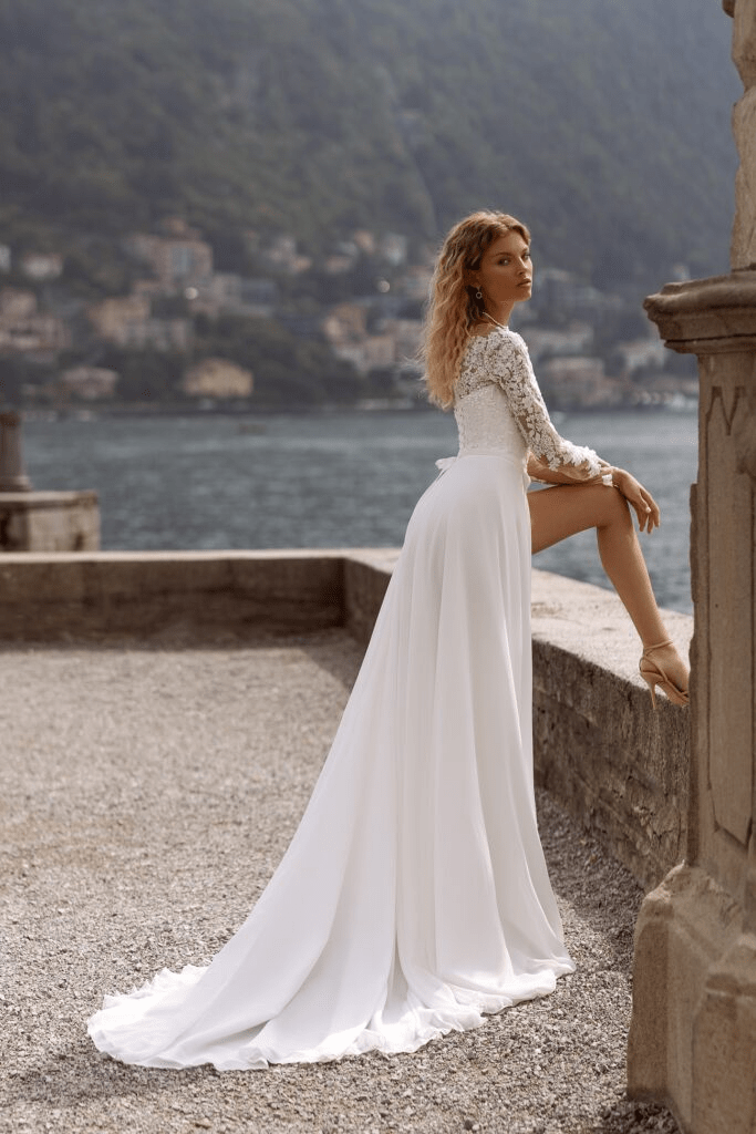 Corset Back Wedding Dress - Long Sleeves Wedding Dress with High Slit - Aline Wedding Dress with Lace Sleeves Plus Size - WonderlandByLilian