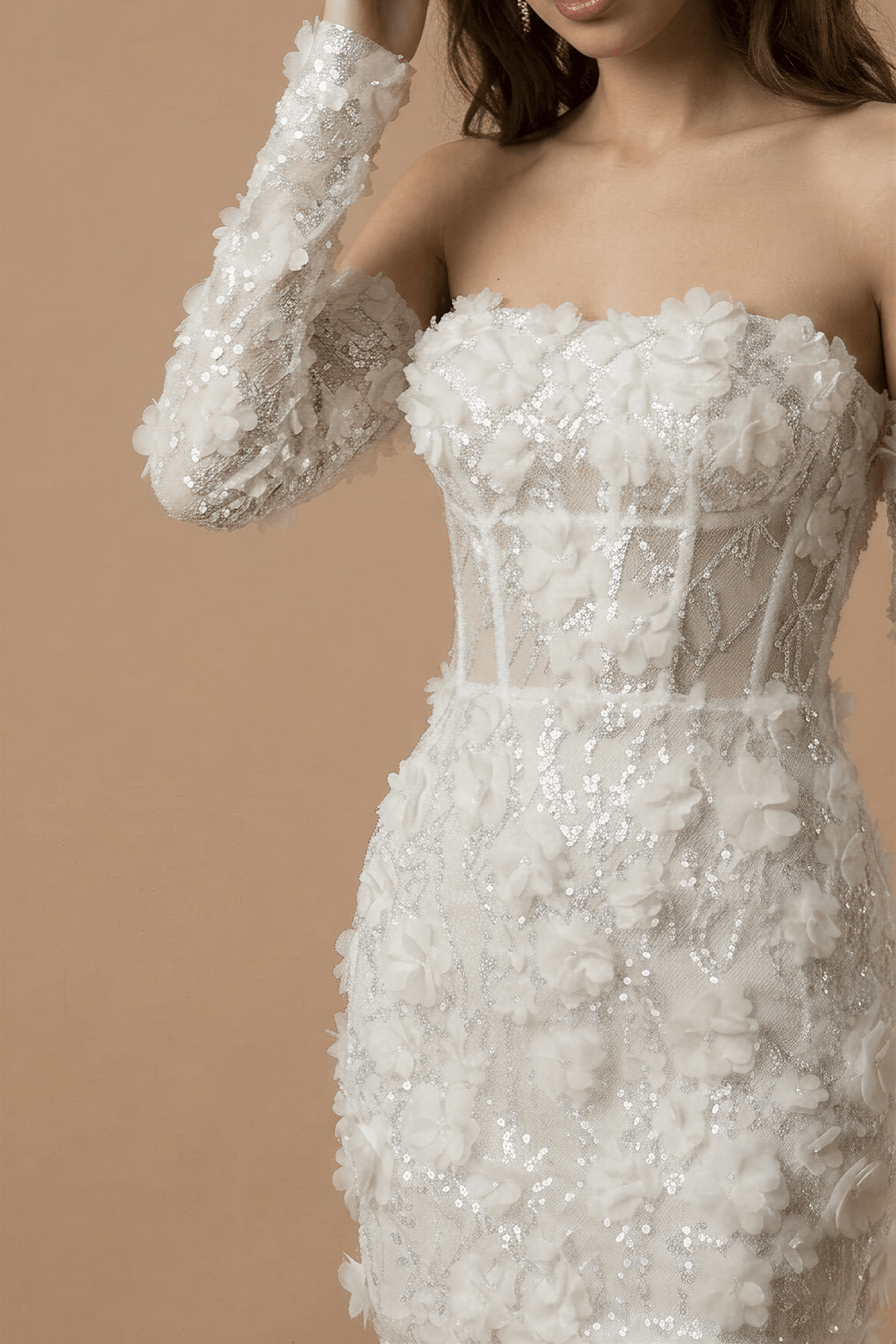 Corset Bodice Wedding Dress with 3D Floral Lace and Detachable Sleeves – Short Bridal Wedding Dress - Floral Wedding Dress Plus Size - WonderlandByLilian