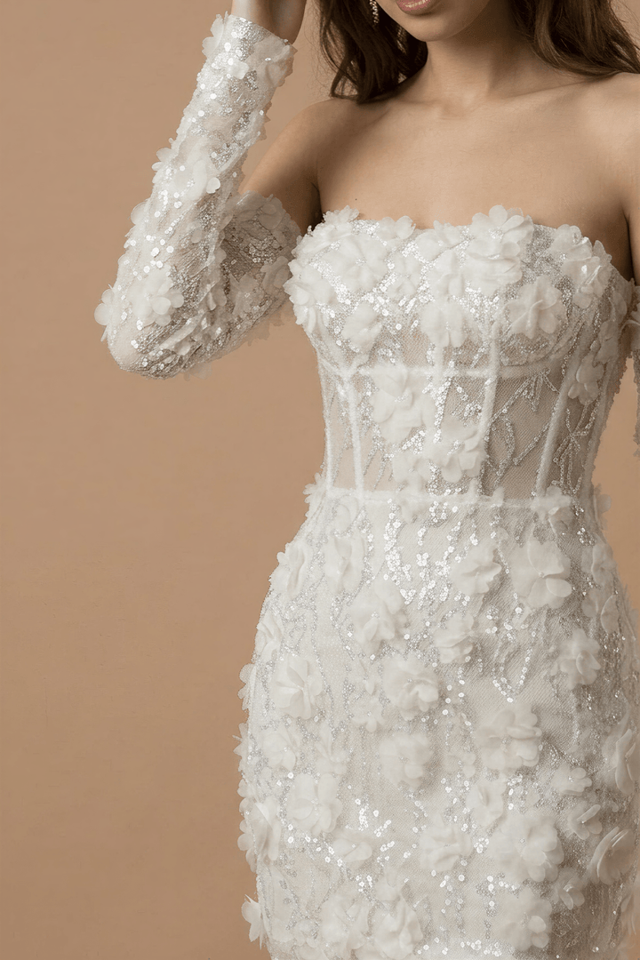 Corset Bodice Wedding Dress with 3D Floral Lace and Detachable Sleeves – Short Bridal Wedding Dress - Floral Wedding Dress Plus Size - WonderlandByLilian