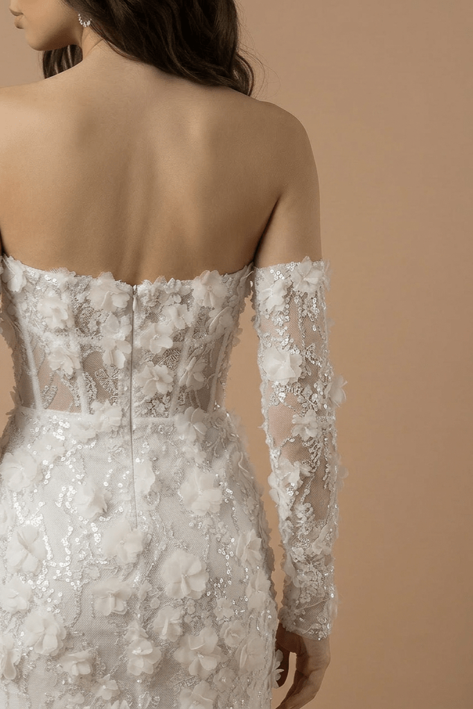 Corset Bodice Wedding Dress with 3D Floral Lace and Detachable Sleeves – Short Bridal Wedding Dress - Floral Wedding Dress Plus Size - WonderlandByLilian