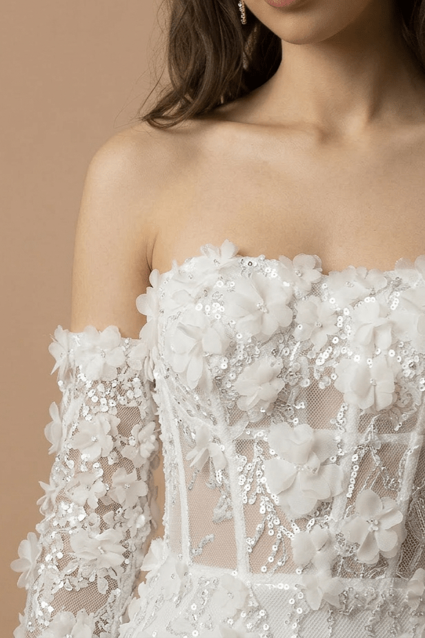 Corset Bodice Wedding Dress with 3D Floral Lace and Detachable Sleeves – Short Bridal Wedding Dress - Floral Wedding Dress Plus Size - WonderlandByLilian