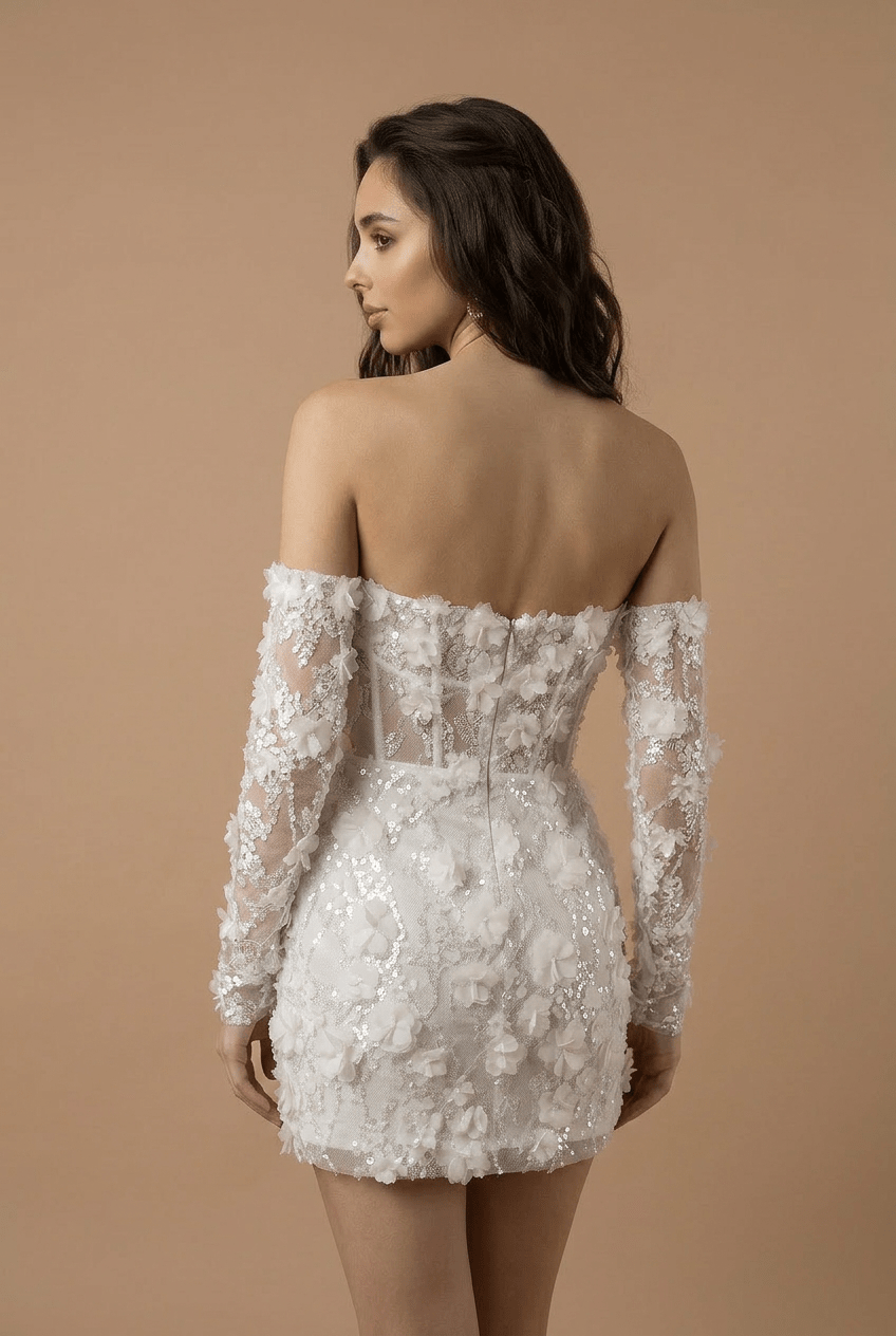 Corset Bodice Wedding Dress with 3D Floral Lace and Detachable Sleeves – Short Bridal Wedding Dress - Floral Wedding Dress Plus Size - WonderlandByLilian