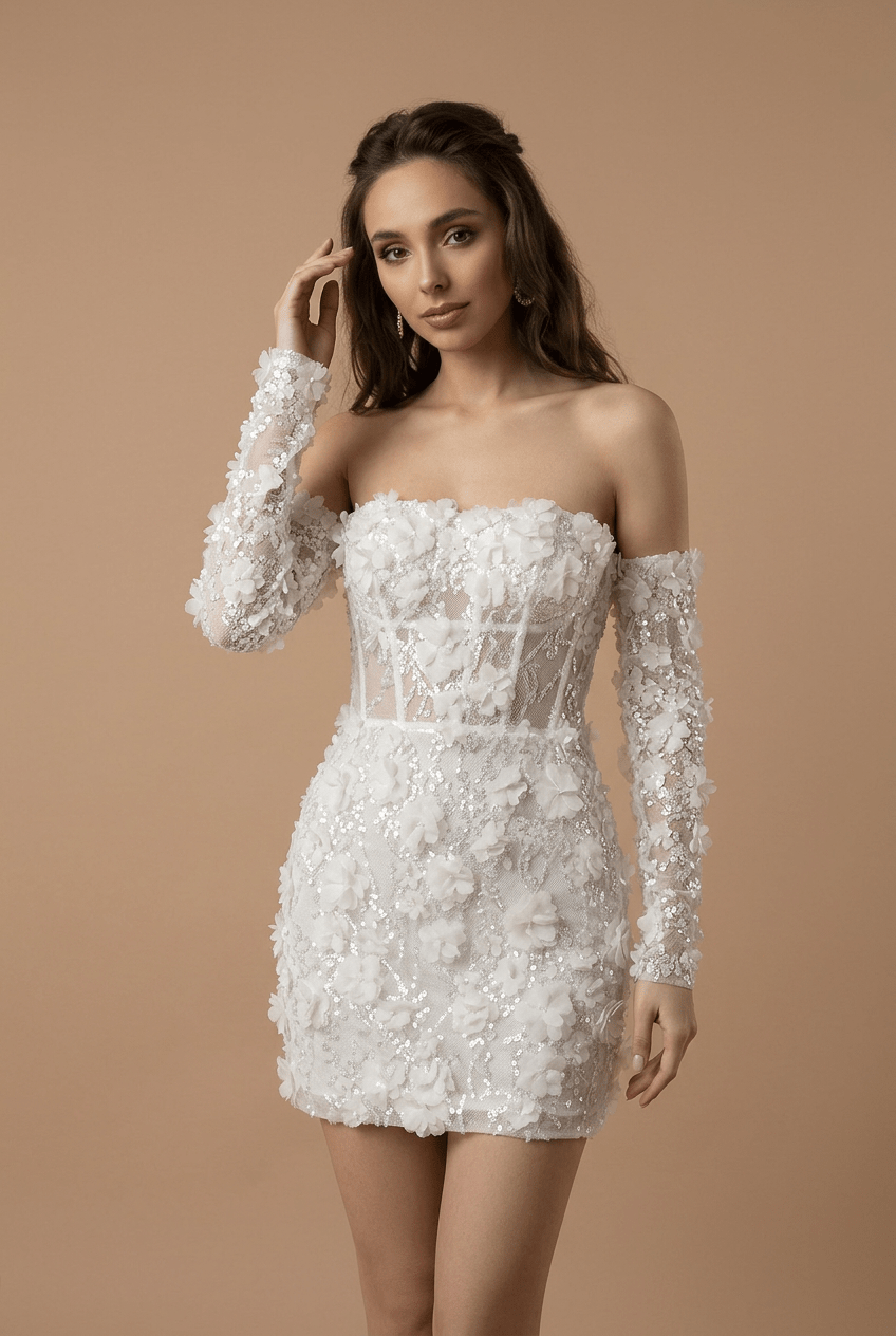 Corset Bodice Wedding Dress with 3D Floral Lace and Detachable Sleeves – Short Bridal Wedding Dress - Floral Wedding Dress Plus Size - WonderlandByLilian