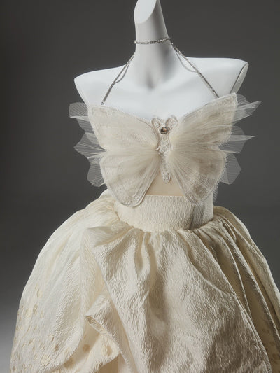 Cream Corset Back Evening Dress - Cream Butterfly Embellished Ball Gown Plus Size - WonderlandByLilian