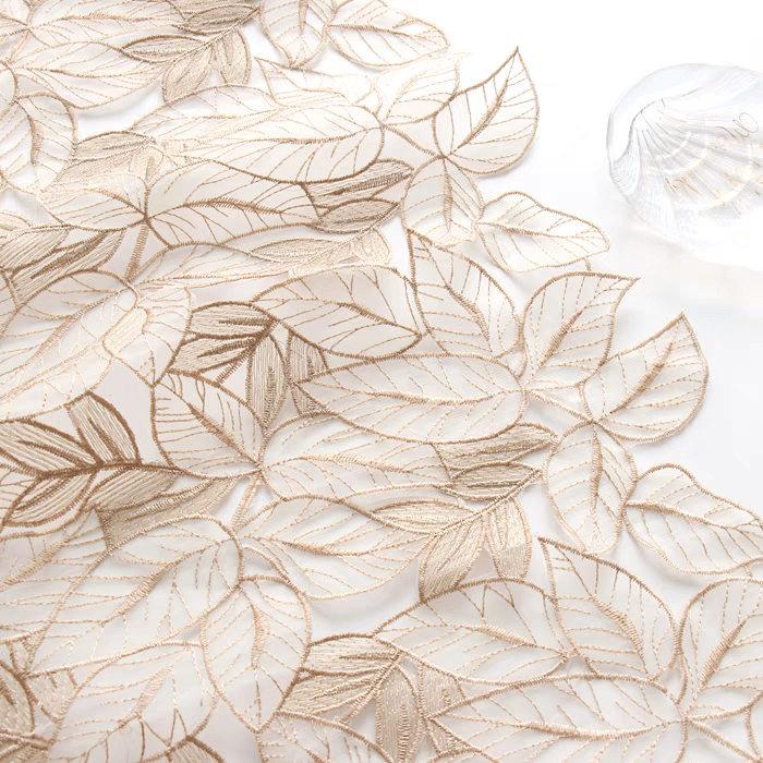 Cream Embroidered Leaf Tulle Fabric - WonderlandByLilian