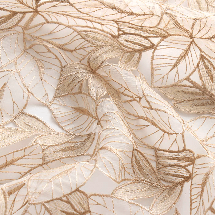 Cream Embroidered Leaf Tulle Fabric - WonderlandByLilian