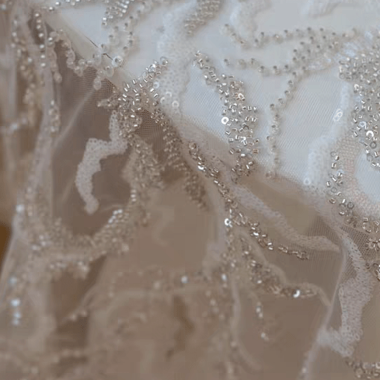 Cream Embroidered Tulle with Sequins Fabric - WonderlandByLilian