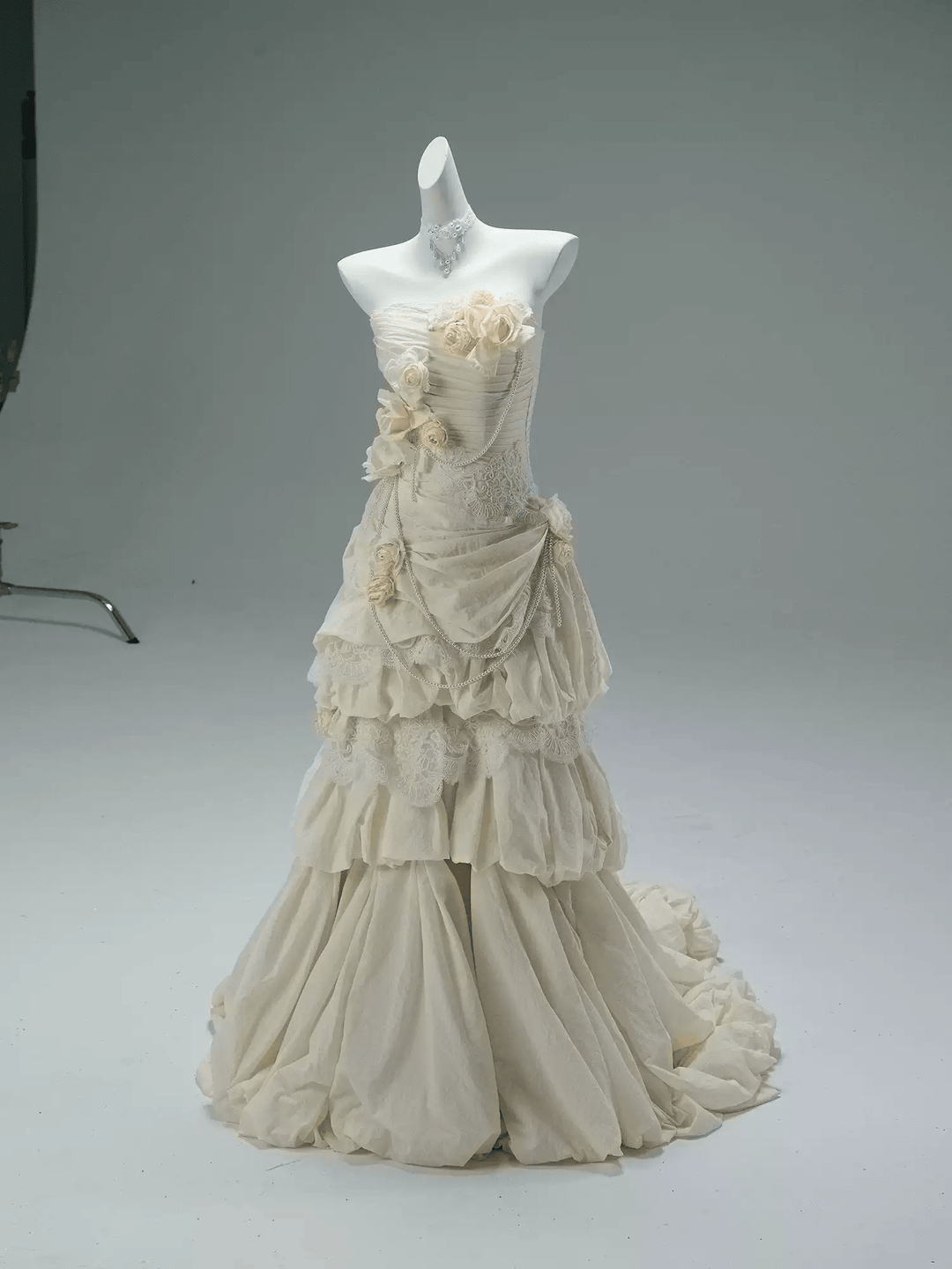 Cream Fairytale Strapless Tiered Gown with Floral Appliqué – Floral Ev – WonderlandByLilian