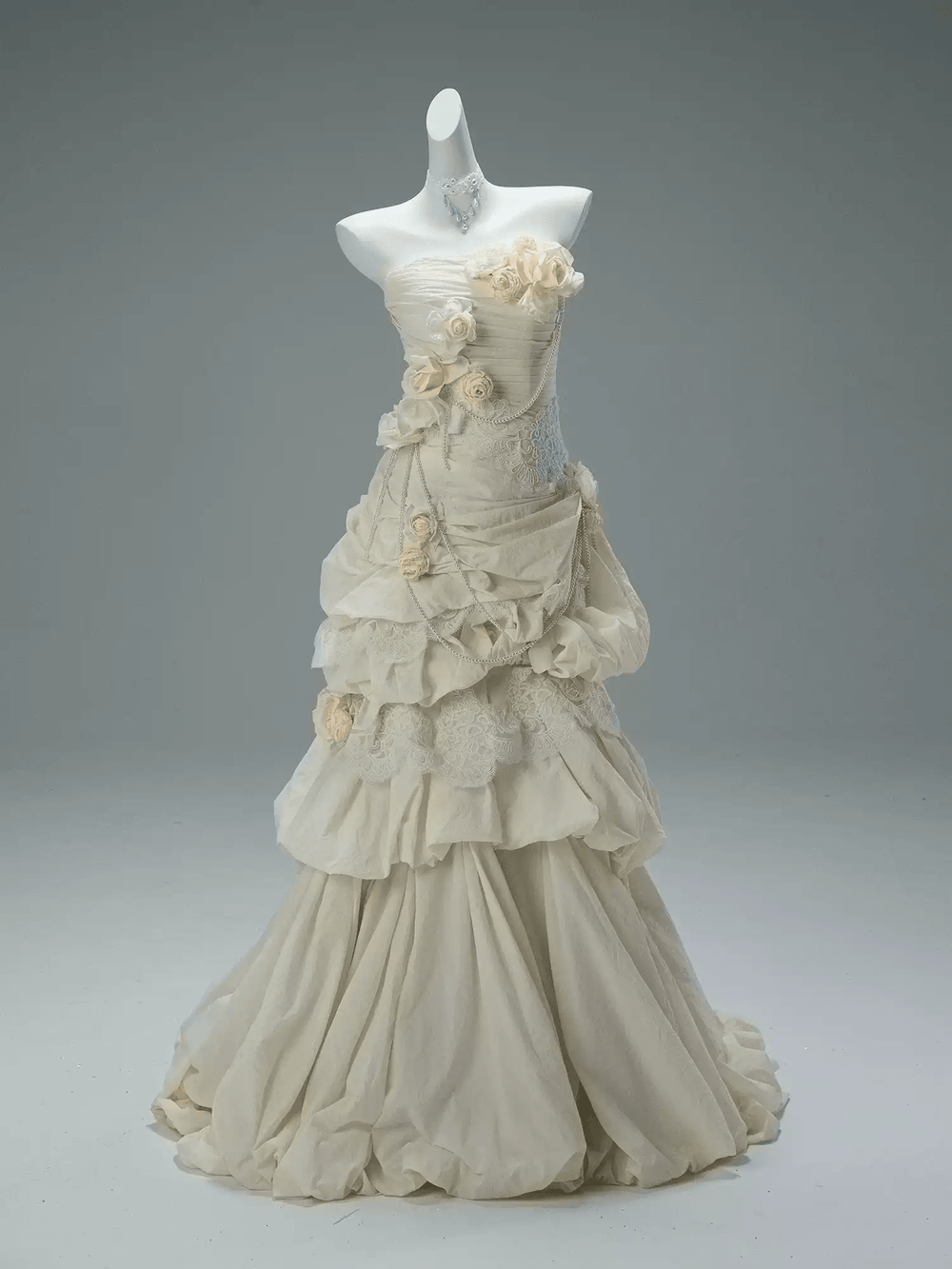 Cream Fairytale Strapless Tiered Gown with Floral Appliqué – Floral Evening Dress with Corset Back and Pearl Details Plus Size - WonderlandByLilian