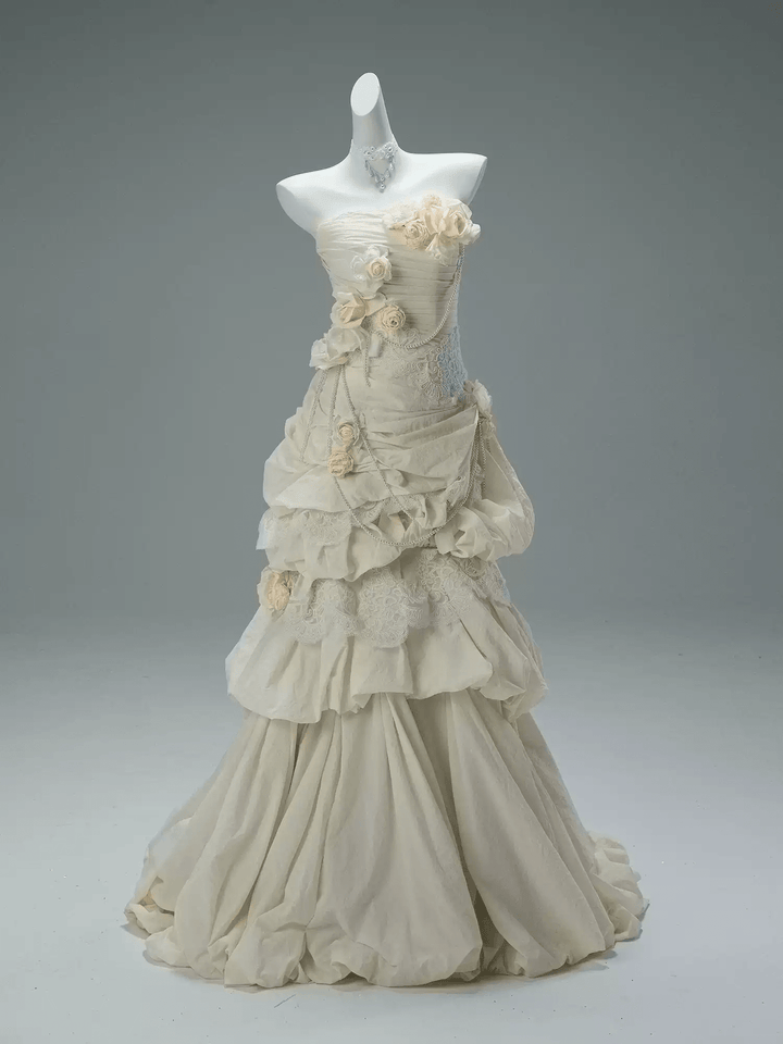 Cream Fairytale Strapless Tiered Gown with Floral Appliqué – Floral Evening Dress with Corset Back and Pearl Details Plus Size - WonderlandByLilian