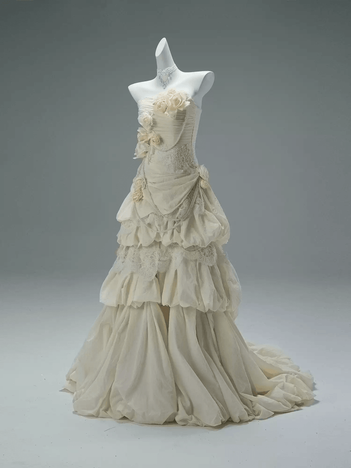 Cream Fairytale Strapless Tiered Gown with Floral Appliqué – Floral Evening Dress with Corset Back and Pearl Details Plus Size - WonderlandByLilian