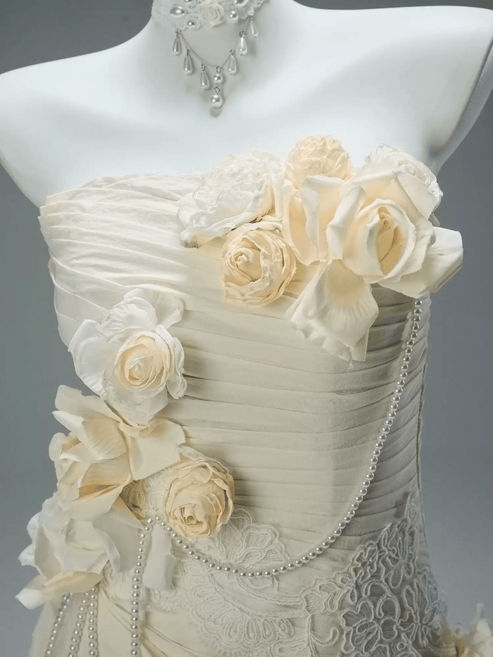 Cream Fairytale Strapless Tiered Gown with Floral Appliqué – Floral Evening Dress with Corset Back and Pearl Details Plus Size - WonderlandByLilian
