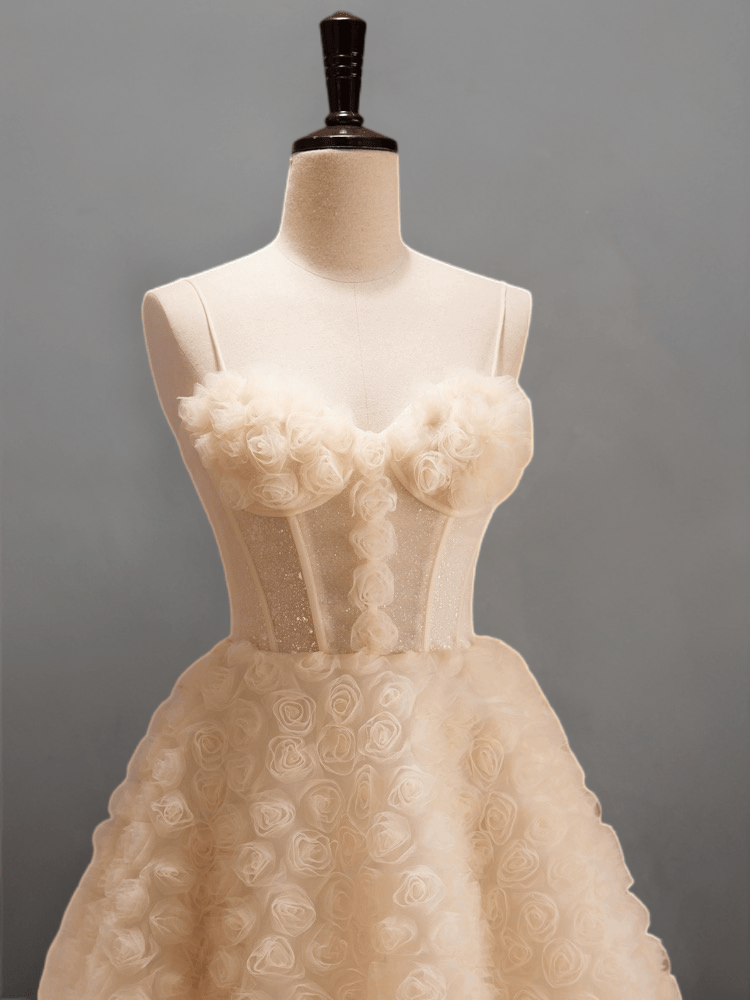 Cream Floral Short Wedding Party Dress - Rosette Embellished Tulle Dress - Spaghetti Strap Corset Bridal Gown Plus Size - WonderlandByLilian
