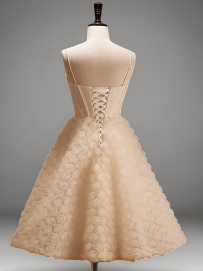 Cream Floral Short Wedding Party Dress - Rosette Embellished Tulle Dress - Spaghetti Strap Corset Bridal Gown Plus Size - WonderlandByLilian