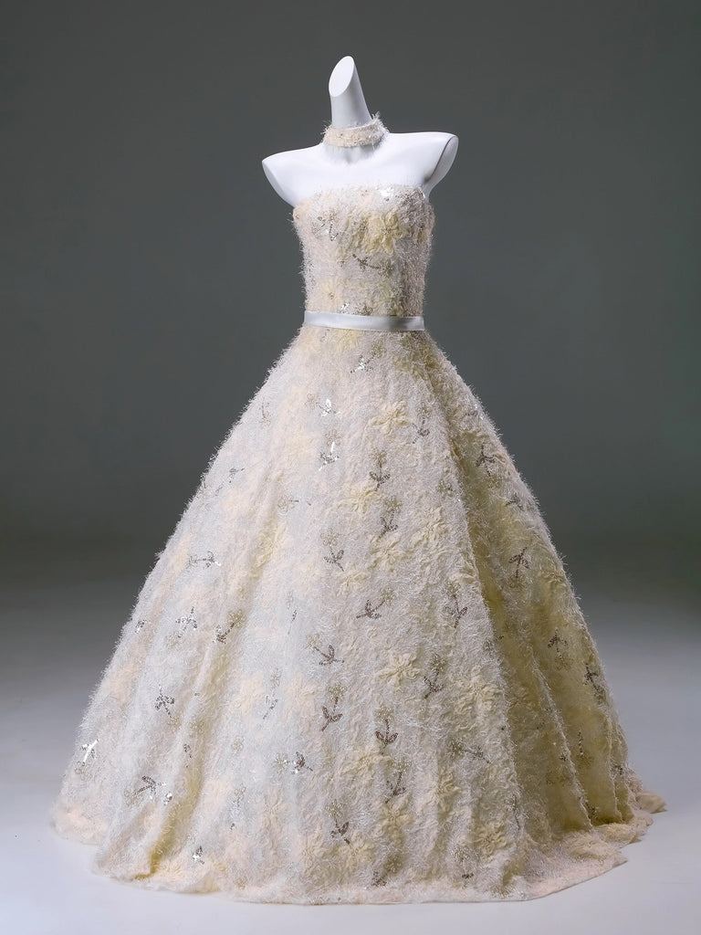 Cream Floral Strapless Wedding Dress