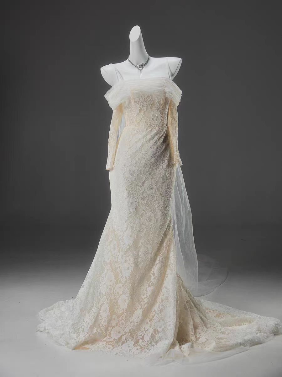 Cream White Lace Off-The-Shoulder Evening Gown with Sheer Overlay - Plus Size Size 24W / Cream Cream White Lace Off-The-Shoulder Evening Gown with Sheer Overlay - Plus Size Size 24W / Cream